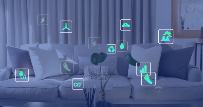 On start sofa displaying green-blue energy icons drifting over cushions, visualizing home eco data