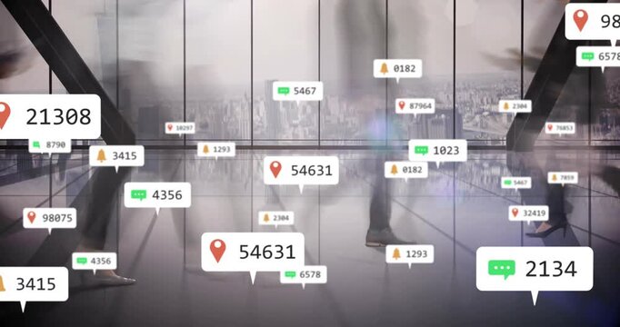 First step sparking feet moving across glass corridor, UI bubbles appearing, showing location info