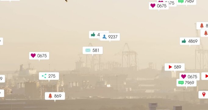Port skyline and cranes staying while badge icons spawning from right, showing shipping buzz rise
