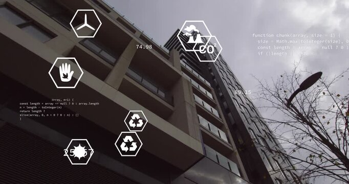 Camera tilting up and launching hex CO2 icons over building facade, updating environment metrics