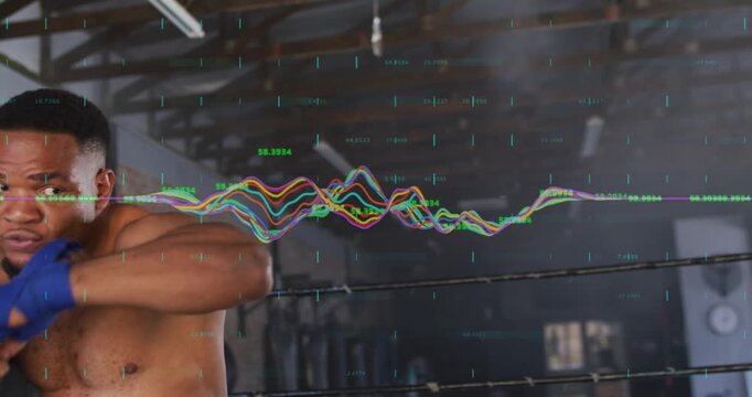 Vertical video: Jabbing shirtless boxer blue wraps slipping-pivoting in ring guard drill waveform