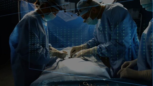 Vertical video: OR team making abdominal incision while scalpel starting ECG waveform for guidance