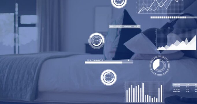 Bed remaining centered in room while smart app launching HUD sleep graphs layering across pillows
