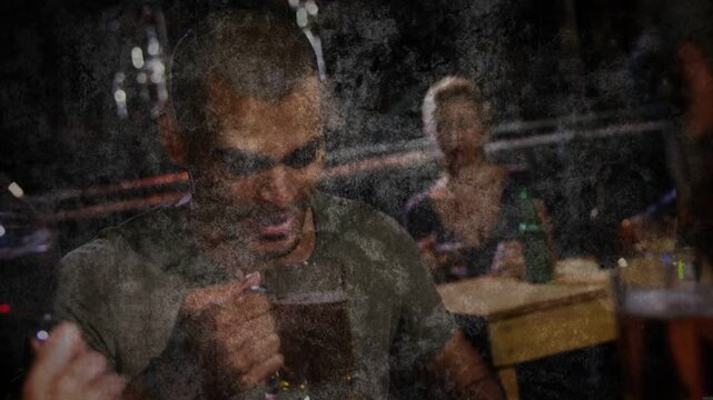 Wine glass raising, man raising mug and joining toast, textured overlay growing during bar scene