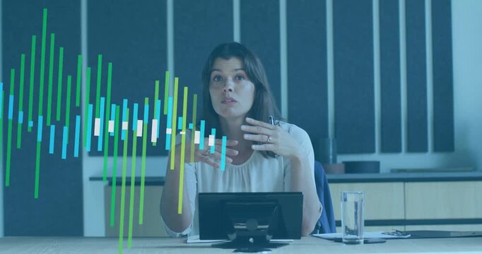 Woman speaking at office meeting, speech driving waveform over torso while hands stressing points