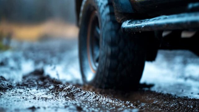 Close-up of a 4x4 vehicle's wheel spinning and splashing mud on a dirty road during an adventure