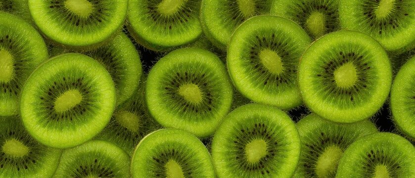 Fresh kiwi slices seamless pattern, vibrant green fruit texture background with juicy details, tropical healthy food concept for diet branding and packaging design