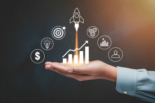 Hand presenting business growth icons and rocket launch sketch &mdash; innovation, startup success and digital strategy concept with charts and ideas