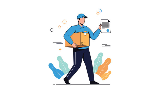 Professional courier wearing a blue uniform walks with a package while holding delivery documents for a successful shipment service.