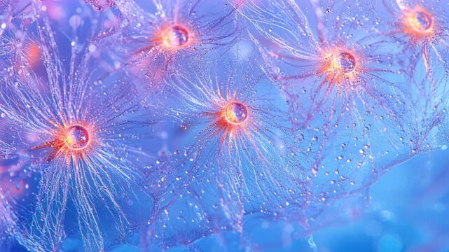 Bioluminescent neural synapses firing, synaptic vesicles releasing neurotransmitters, brain circuitry visualization, neural network, digital neuron cluster.