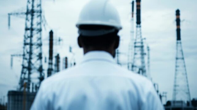 Industrial worker in hard hat surveying power station, electrical substation, energy facility, utility infrastructure, grid.
