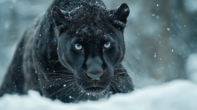 Panther leaning forward, slightly ready to run in the snow