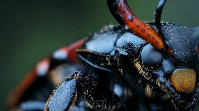 Detailed macro shot of a black and orange beetle's head turning and moving its mandibles