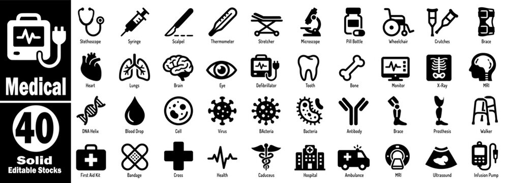 Medical icons set. Including hospital equipment, diagnostic tools, healthcare symbols, surgery instruments, professional clinic signs, and isolated vector designs.