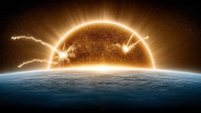 Sun unleashing solar flares over Earths atmosphere, coronal mass ejection, space weather event, celestial phenomenon, solar, plasma discharge, cosmic radiation burst.