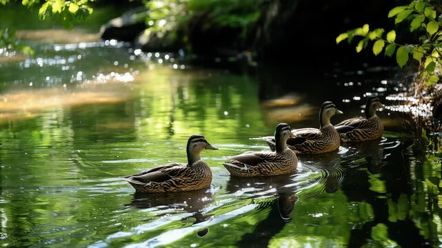 Beautiful family of wild ducks swimming in a row on a tranquil green pond during a sunny day