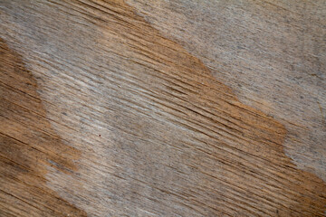 Obraz premium Close-up texture of old cracked plywood with faded color caused by long exposure to sun and rain. The natural worn wooden surface shows cracks, grain and aging marks, creating a rustic background.