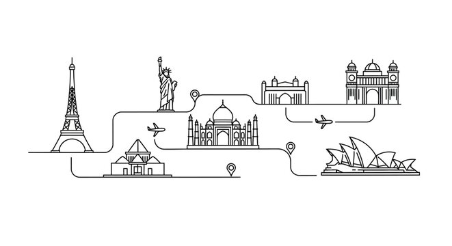 World travel itinerary illustration with iconic global architecture outline. Famous international buildings journey concept.