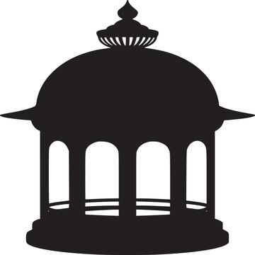 Traditional Indian gazebo silhouette, ornate Mughal style pavilion vector, black chhatri dome architecture icon for wedding invitations and cultural design
