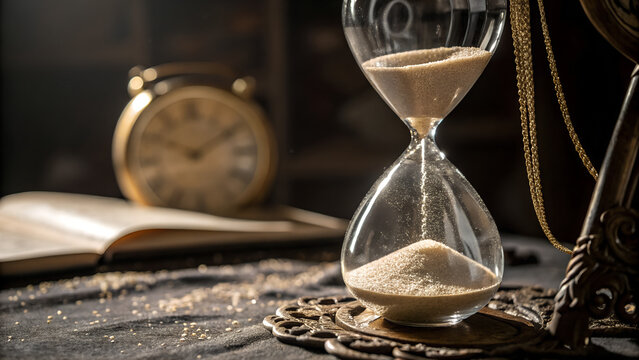 A classic hourglass with flowing sand stands beside an antique clock and book, symbolizing time, knowledge, and the passage of moments in a warm, nostalgic setting.