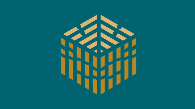 Abstract geometric golden isometric cube with stylized leaf pattern on top, composed of vertical lines on a teal background. Modern digital design concept.