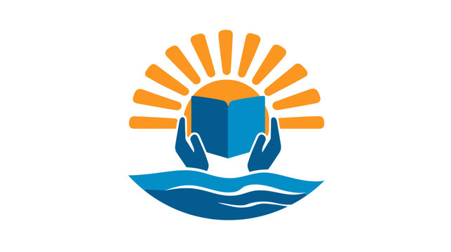 Stylized graphic of hands cupping a blue cube with a radiating sun and water waves, representing support, protection, and new beginnings.