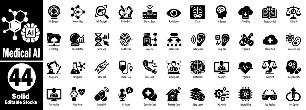 Medical AI icons set. Including neuro network image analysis, pathology bot, dermal scan radiology vision research hub, and future healthcare vector illustration.