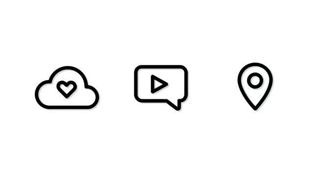 Modern Line Icons Set: Cloud with Heart, Video Play Chat Bubble, and Location Pin. Digital UI/UX Elements for Apps and Web Design.
