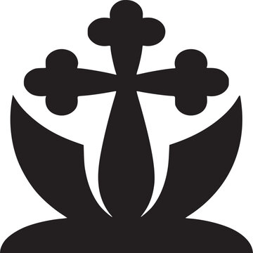 A stylized black cross with cloverleaf ends resting on a black floral or leaf like base design