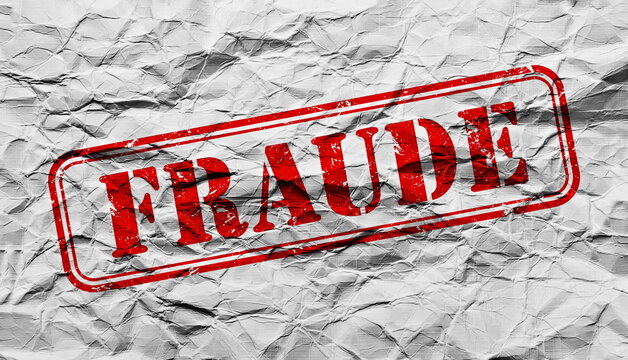 The word in Portuguese, "FRAUDE" (fraud), is stamped in red on a crumpled paper background, symbolizing an illegal or illicit action.