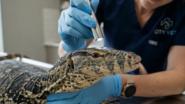 Veterinarian clinic examination of monitor lizard reptile on stainless exam table with calm handling