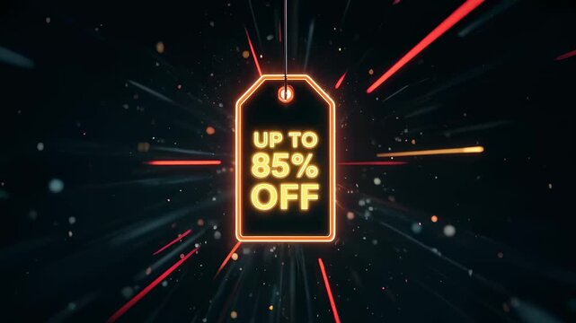 Glowing neon tag up to eighty five percent off sale announcement with abstract light streaks.