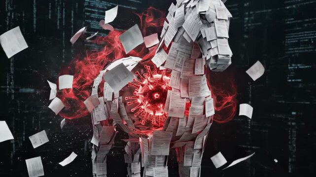 Trojan horse made of paper documents hiding a glowing red virus cell attacking corporate data system for cybersecurity concept