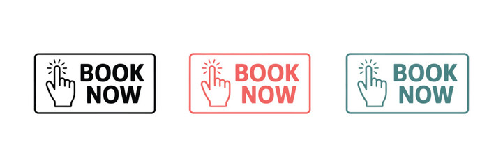 Obraz premium Book now icon set, collection of icons representing online booking, reservations, and appointment scheduling for travel, events, hotels, and service