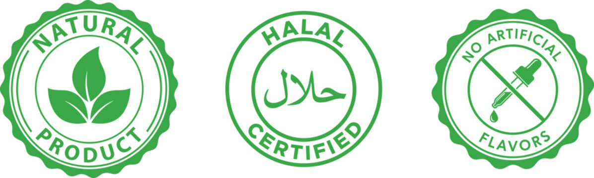 Certification logos for natural halal and kosher products