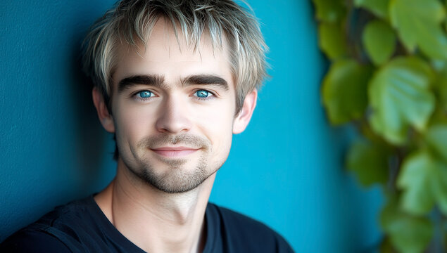 A young man with light blonde hair and striking blue eyes smiles gently against a teal background