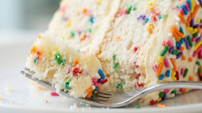 A delicious slice of white funfetti cake with vanilla frosting and colorful sprinkles on a silver fork. The fluffy texture and vibrant colors make it perfect for parties.
