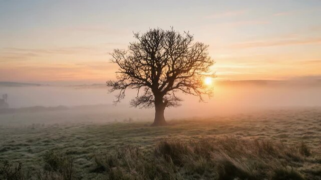 Lonely oak tree in misty sunrise over frosted meadow, peaceful golden light and soft fog