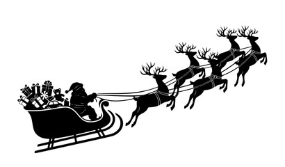 High-contrast Santa Claus sleigh vector silhouette with reindeer festive Christmas design isolated on white © Boloram