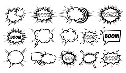 Comic explosion burst silhouette vector set retro pop art speech bubble elements isolated on white © Boloram