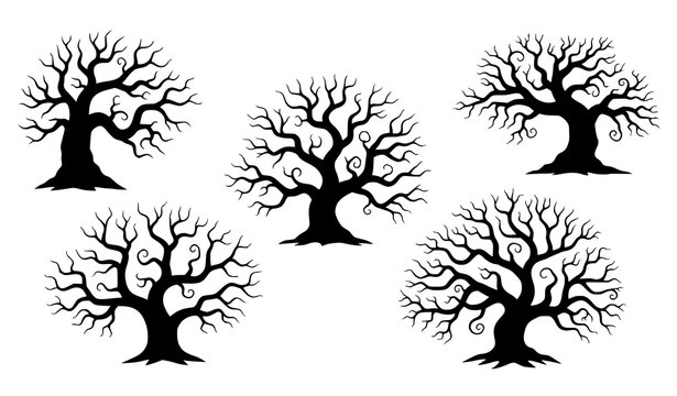 Eerie dead tree silhouette vector pack Halloween horror landscape design elements