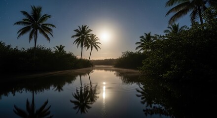 Obraz premium Serene Tropical Sunset Reflection Over Calm River with Palm Trees