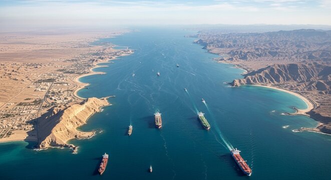Aerial view of large cargo ships navigating through a narrow Strait of Hormuz