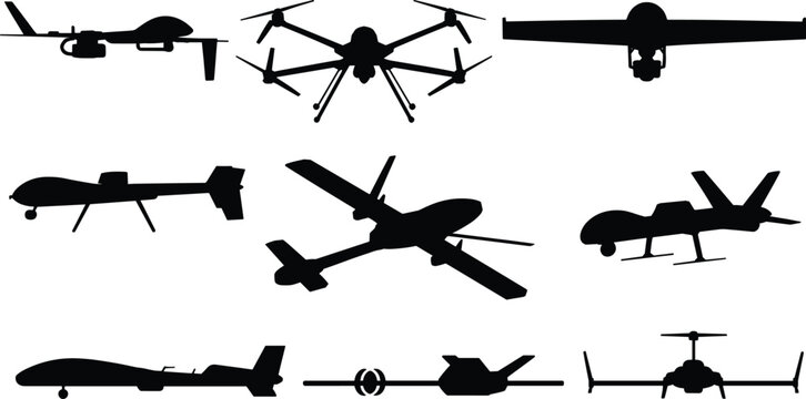 Drone silhouette collection, UAV vector illustration, fixed-wing drone design, quadcopter silhouette, surveillance drone art, military drone vector, aerial technology
