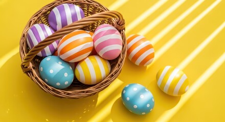 Fototapeta premium Easter Eggs in Wicker Basket. Colorful Easter eggs in a wicker basket on a bright yellow background with sunlight rays