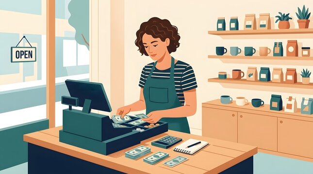 Coffee Shop Cashier: A focused cashier in an apron counts cash at a coffee shop, with an Open sign visible and shelves displaying products