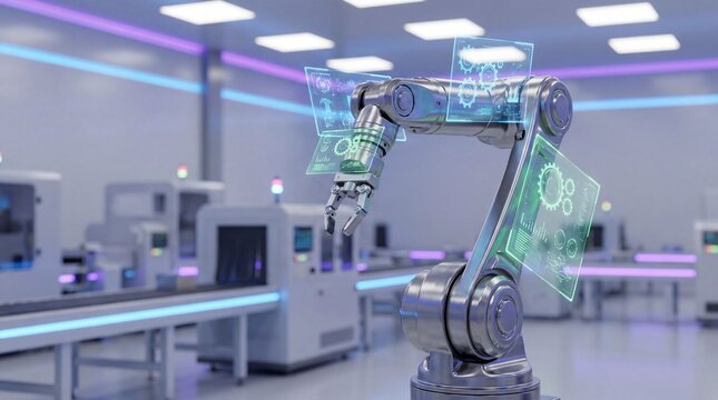 Advanced robotic arm working in a smart factory, showcasing futuristic industrial automation and digital transformation with holographic data interfaces for efficient manufacturing processes