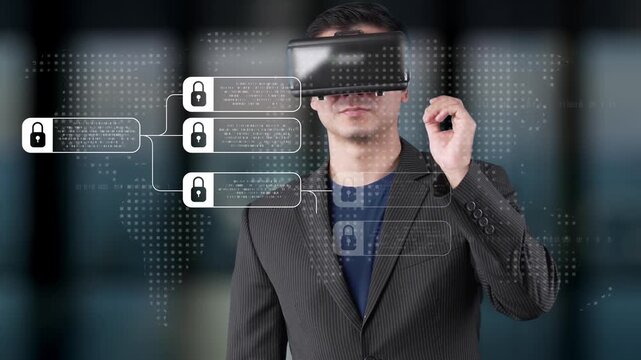 A businessman engages with a virtual reality headset, immersing in a digital environment filled with security data, representing innovation and technology. Raster