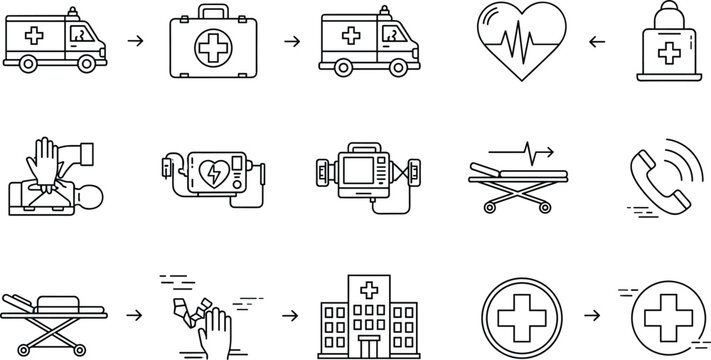 Emergency Medical Services (EMS) and First Responder Icon Set featuring Ambulances, AED Defibrillators, CPR Procedures, and Urgent Care SymbolsPrint