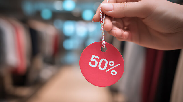 Closely captured shot of a hand holding a vibrant red disc-shaped sale tag with a prominent '50%' discount, set against a blurred retail shop backdrop, emphasizing amazing savings